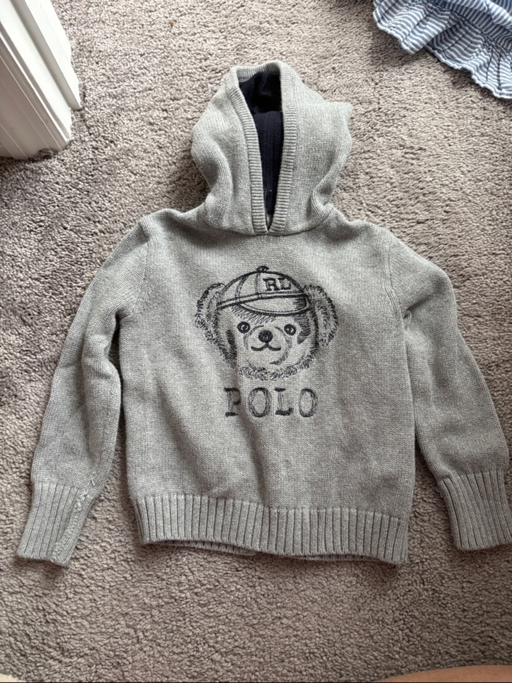 Ralph Lauren Hooded Sweater in Light Gray with Navy Lining